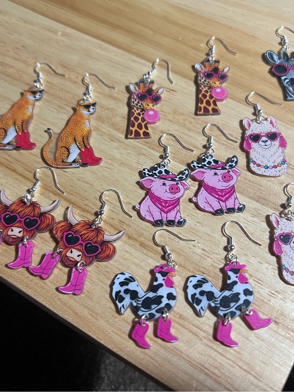 Kids Pink Farm Animal Dangle Earrings - Cute Cowgirl & Rooster Styles E222